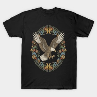 Vintage Bald Eagle in Flight With Ornate Floral Frame Bird Illustration T-Shirt